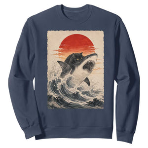Black Cat Hunting Shark Ukiyo e Ocean Art Sweatshirt Funny Japanese Style Graphic TS11 Navy Print Your Wear