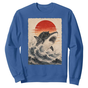 Black Cat Hunting Shark Ukiyo e Ocean Art Sweatshirt Funny Japanese Style Graphic TS11 Royal Blue Print Your Wear