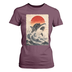 Black Cat Hunting Shark Ukiyo e Ocean Art T Shirt For Women Funny Japanese Style Graphic TS11 Maroon Print Your Wear