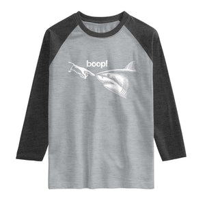 Boop Shark Meme Raglan Shirt Funny Nose Touch Shark Lovers Ocean Life TS11 Heather Gray Heather Charcoal Print Your Wear