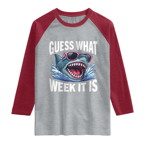 Funny Shark Guess What Week It Is Raglan Shirt Shark Awareness Support Ocean Summer TS11 Heather Gray Heather Red Print Your Wear