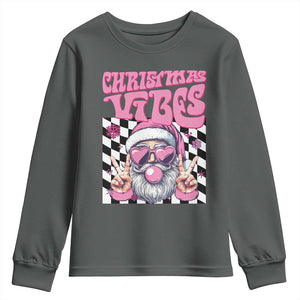 Funny Pink Santa Christmas Youth Sweatshirt Christmas Vibes Checkboard TS11 Dark Heather Print Your Wear