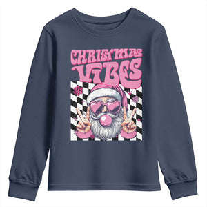 Funny Pink Santa Christmas Youth Sweatshirt Christmas Vibes Checkboard TS11 Navy Print Your Wear