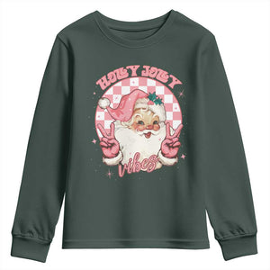 Funny Christmas Youth Sweatshirt Holly Jolly Vibes Retro Pink Santa TS11 Dark Forest Green Print Your Wear