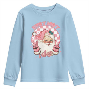 Funny Christmas Youth Sweatshirt Holly Jolly Vibes Retro Pink Santa TS11 Light Blue Print Your Wear