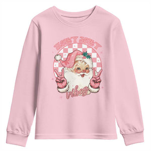 Funny Christmas Youth Sweatshirt Holly Jolly Vibes Retro Pink Santa TS11 Light Pink Print Your Wear