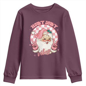 Funny Christmas Youth Sweatshirt Holly Jolly Vibes Retro Pink Santa TS11 Maroon Print Your Wear