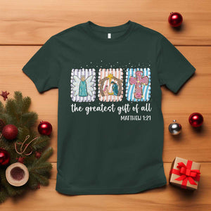 Christian Christmas T Shirt The Greatest Gift Of All Jesus Nativity Scene TS11 Dark Forest Green Print Your Wear