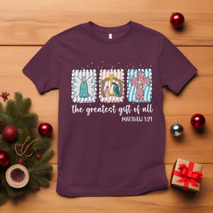 Christian Christmas T Shirt The Greatest Gift Of All Jesus Nativity Scene TS11 Maroon Print Your Wear