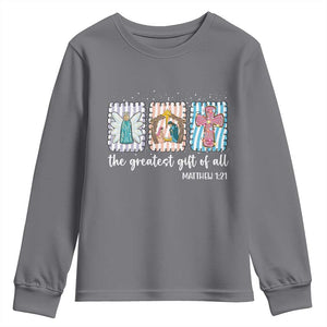 Christian Christmas Youth Sweatshirt The Greatest Gift Of All Jesus Nativity Scene TS11 Charcoal Print Your Wear
