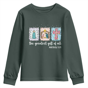 Christian Christmas Youth Sweatshirt The Greatest Gift Of All Jesus Nativity Scene TS11 Dark Forest Green Print Your Wear