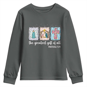 Christian Christmas Youth Sweatshirt The Greatest Gift Of All Jesus Nativity Scene TS11 Dark Heather Print Your Wear