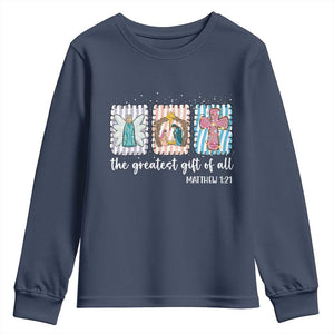 Christian Christmas Youth Sweatshirt The Greatest Gift Of All Jesus Nativity Scene TS11 Navy Print Your Wear