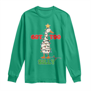 Funny Christmas Silly Goose Long Sleeve Shirt Got Too Silly Goose Pun Humor Xmas Tree TS11 Irish Green Print Your Wear