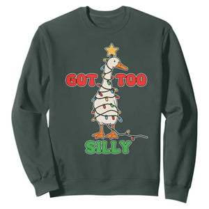 Funny Christmas Silly Goose Sweatshirt Got Too Silly Goose Pun Humor Xmas Tree TS11 Dark Forest Green Print Your Wear
