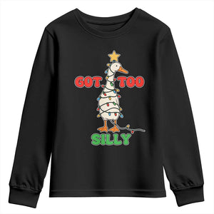 Funny Christmas Silly Goose Youth Sweatshirt Got Too Silly Goose Pun Humor Xmas Tree TS11 Black Print Your Wear