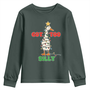 Funny Christmas Silly Goose Youth Sweatshirt Got Too Silly Goose Pun Humor Xmas Tree TS11 Dark Forest Green Print Your Wear