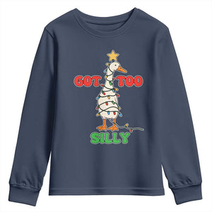 Funny Christmas Silly Goose Youth Sweatshirt Got Too Silly Goose Pun Humor Xmas Tree TS11 Navy Print Your Wear