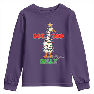 Funny Christmas Silly Goose Youth Sweatshirt Got Too Silly Goose Pun Humor Xmas Tree TS11 Purple Print Your Wear