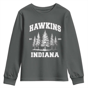 Funny Hawkins Sci Fi Lover Youth Sweatshirt Indiana Strangers Pine Tree TS11 Dark Heather Print Your Wear