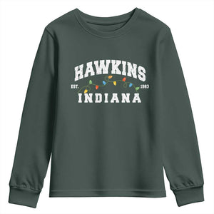 Funny Stranger Christmas Youth Sweatshirt Hawkins Xmas Lights TS11 Dark Forest Green Print Your Wear