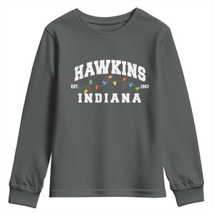 Funny Stranger Christmas Youth Sweatshirt Hawkins Xmas Lights TS11 Dark Heather Print Your Wear
