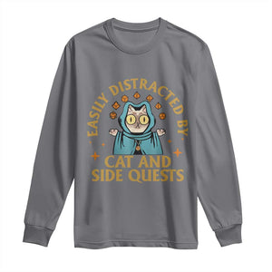 Funny Easily Distracted By Cats And Side Quests Long Sleeve Shirt RPG Tabletop Gamer TS11 Charcoal Print Your Wear