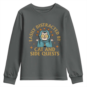 Funny Easily Distracted By Cats And Side Quests Youth Sweatshirt RPG Tabletop Gamer TS11 Dark Heather Print Your Wear