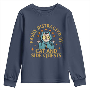 Funny Easily Distracted By Cats And Side Quests Youth Sweatshirt RPG Tabletop Gamer TS11 Navy Print Your Wear