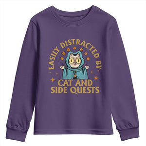 Funny Easily Distracted By Cats And Side Quests Youth Sweatshirt RPG Tabletop Gamer TS11 Purple Print Your Wear