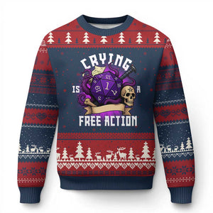 Funny RPG Gamer Crying Is A Free Action Ugly Christmas Sweater Vintage D20 Side Quests Tabletop TS11 Navy Red Print Your Wear