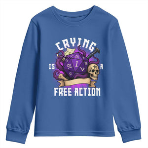 Funny RPG Gamer Crying Is A Free Action Youth Sweatshirt Vintage D20 Side Quests Tabletop TS11 Royal Blue Print Your Wear