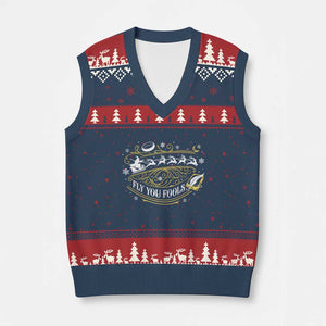 Funny Fly You Fools Xmas V-Neck Knit Sweater Vest Fantasy Movie Wizard Santa Sleigh TS11 Navy Red Print Your Wear