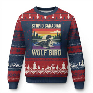 Stupid Canadian Wolf Bird Ugly Christmas Sweater Funny Common Loon Meme LGBT Hockey TS11 Navy Red Print Your Wear