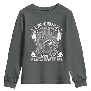 I Am Chief Pokalotatwat From The Bangahoe Tribe Youth Sweatshirt Funny Indigenous Native Raccoon TS11 Dark Heather Print Your Wear
