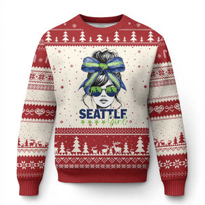 Seattle Girl Ugly Christmas Sweater Funny Sport Fan Game Day Messy Bun TS11 Beige Red Print Your Wear
