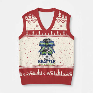 Seattle Girl V-Neck Knit Sweater Vest Funny Sport Fan Game Day Messy Bun TS11 Beige Red Print Your Wear
