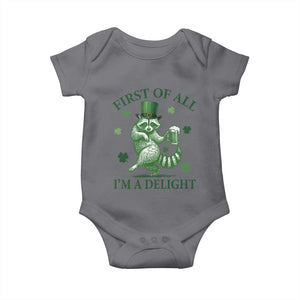 Funny St Patricks Day Raccoon Baby Onesie First Of All I Am A Delight Trash Panda Drinking Beer TS11 Charcoal Print Your Wear