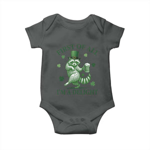 Funny St Patricks Day Raccoon Baby Onesie First Of All I Am A Delight Trash Panda Drinking Beer TS11 Dark Heather Print Your Wear