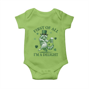 Funny St Patricks Day Raccoon Baby Onesie First Of All I Am A Delight Trash Panda Drinking Beer TS11 Lime Print Your Wear