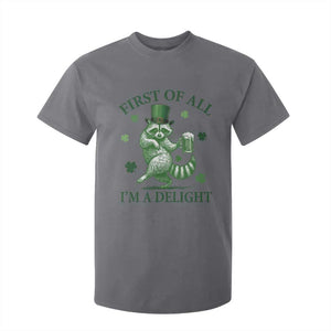 Funny St Patricks Day Raccoon T Shirt For Kid First Of All I Am A Delight Trash Panda Drinking Beer TS11 Charcoal Print Your Wear