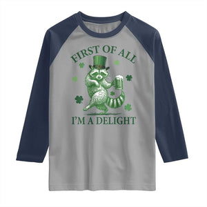 Funny St Patricks Day Raccoon Raglan Shirt First Of All I Am A Delight Trash Panda Drinking Beer TS11 Sport Gray Navy Print Your Wear
