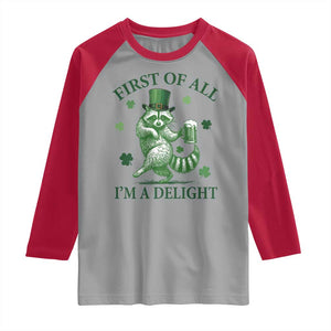 Funny St Patricks Day Raccoon Raglan Shirt First Of All I Am A Delight Trash Panda Drinking Beer TS11 Sport Gray Red Print Your Wear