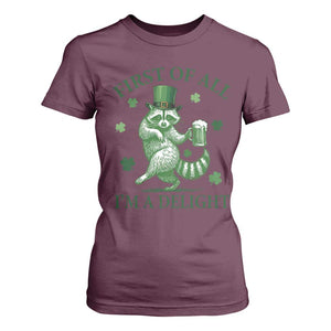Funny St Patricks Day Raccoon T Shirt For Women First Of All I Am A Delight Trash Panda Drinking Beer TS11 Maroon Print Your Wear