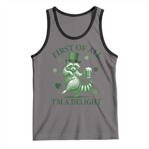 Funny St Patricks Day Raccoon Tank Top First Of All I Am A Delight Trash Panda Drinking Beer TS11 Deep Heather Black Print Your Wear
