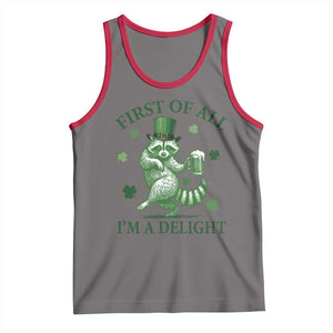 Funny St Patricks Day Raccoon Tank Top First Of All I Am A Delight Trash Panda Drinking Beer TS11 Deep Heather Red Print Your Wear