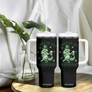 Funny St Patricks Day Raccoon Tumbler With Handle First Of All I Am A Delight Trash Panda Drinking Beer TS11 Print Your Wear