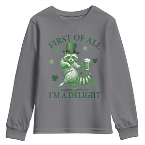 Funny St Patricks Day Raccoon Youth Sweatshirt First Of All I Am A Delight Trash Panda Drinking Beer TS11 Charcoal Print Your Wear