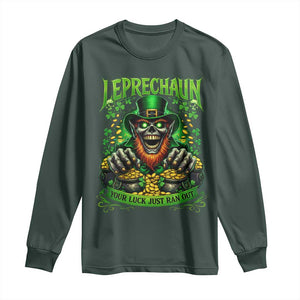 St Patricks Day Horror Leprechaun Long Sleeve Shirt Your Luck Just Ran Out Creepy St Pattys Day TS11 Dark Forest Green Print Your Wear