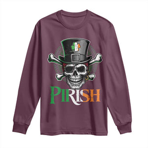 Funny St Patricks Day Pirate Long Sleeve Shirt Pirish Vintage Irish Pirate Skull TS11 Maroon Print Your Wear